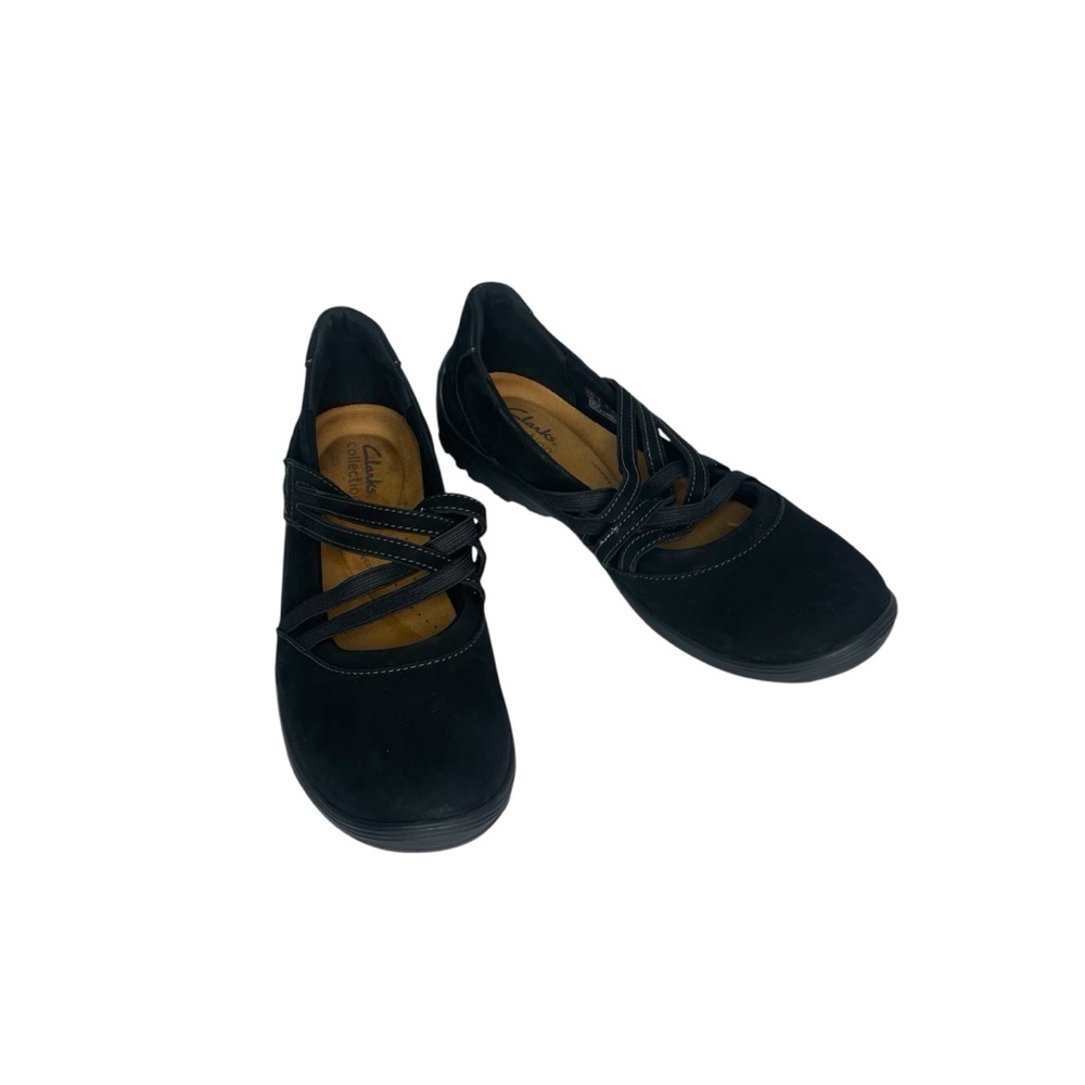 Clarks Black Flats with Suede-like Material and Elastic Straps